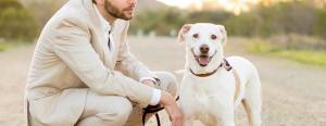 A man in a light suit crouches beside a happy white dog on a leash, outdoors on a gravel path with greenery in the background.