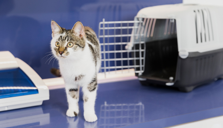Tabby cat standing on a blue surface near an open pet carrier with a blue wall background.