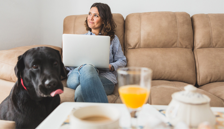 Woman with laptop on couch, black dog in foreground, table with orange juice and coffee in focus.