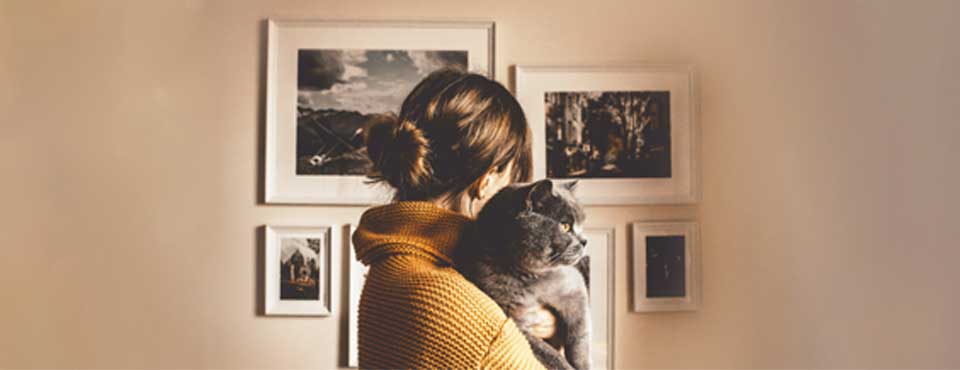 Woman in a mustard sweater holding a gray cat, standing in front of a wall with framed black-and-white photographs.