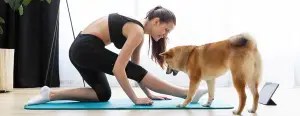 A woman in athletic wear stretches on a yoga mat indoors, smiling at a Shiba Inu dog facing her.